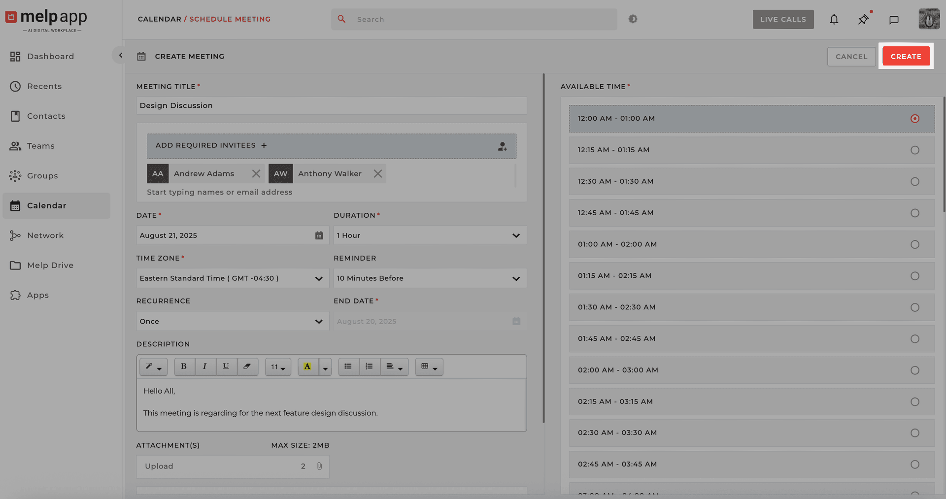 Meeting create button