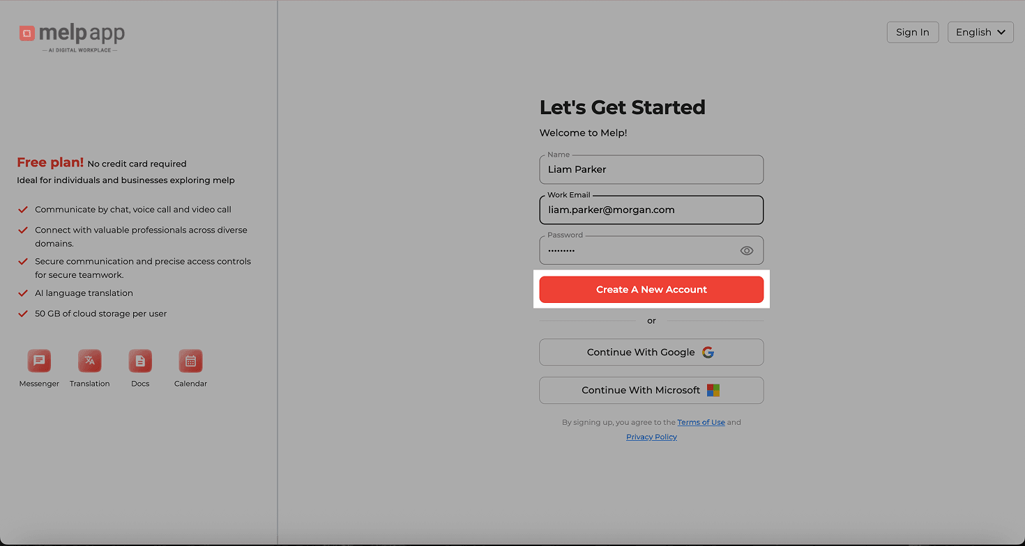 Create account button