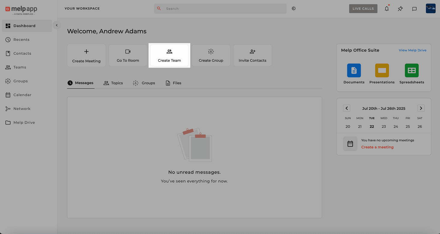 Dashboard create team