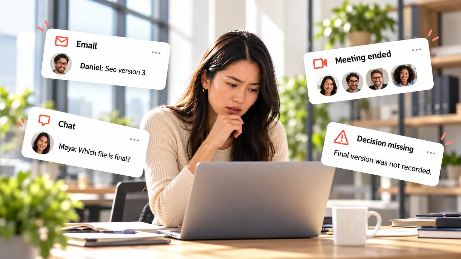 Work spread across email, chat, and meetings