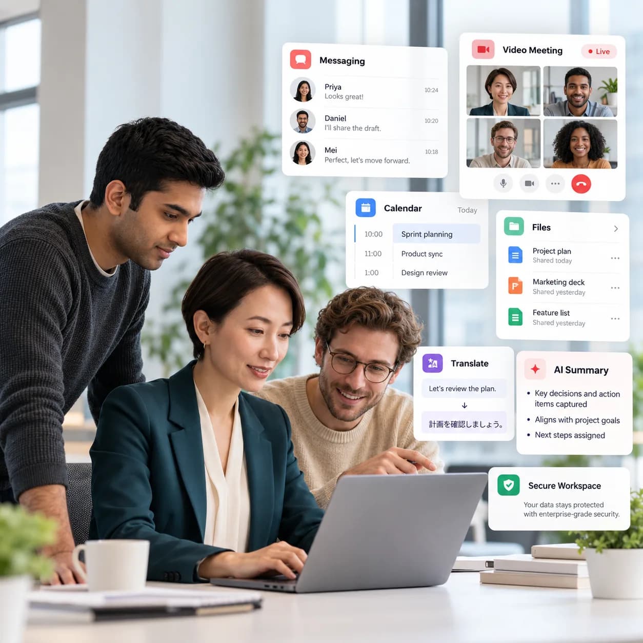 Organized Workspaces, HD Video Calls, Integrated Calendar, Real-time Translation, Enterprise Security, AI Assistant
