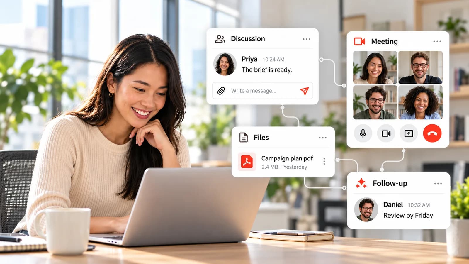 Discussions, meetings, and shared files unified in one Melp workspace