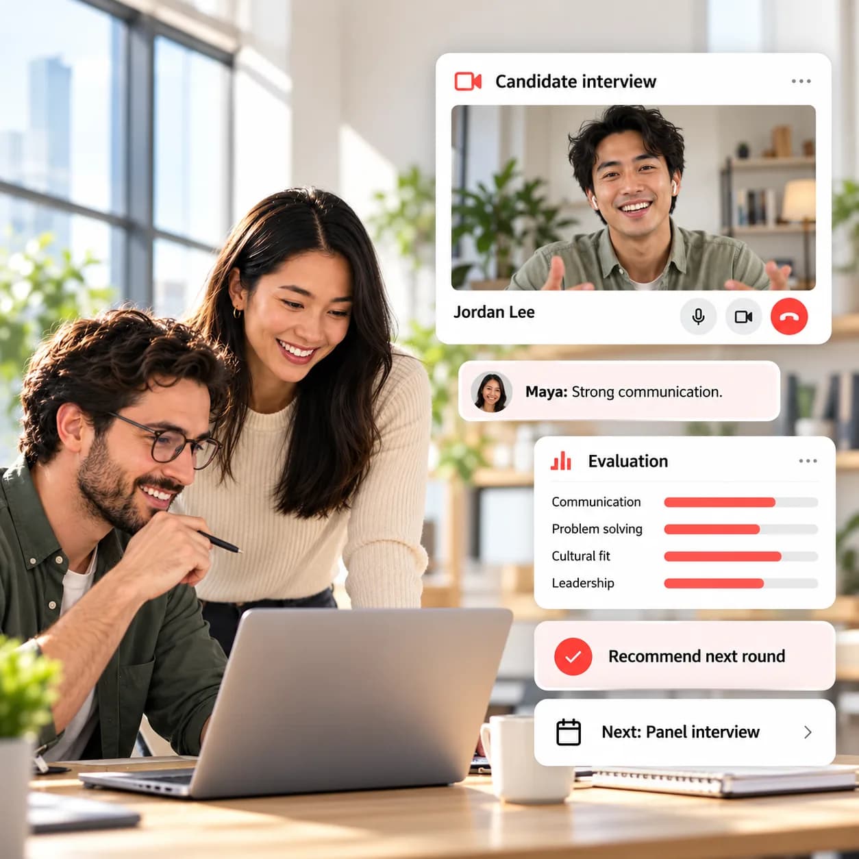 Interviewer reviewing a structured candidate evaluation in Melp