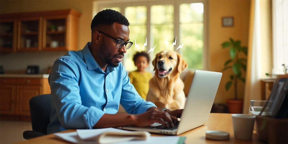 Man working on a laptop at home while a dog and child create background noise, affecting his video call.