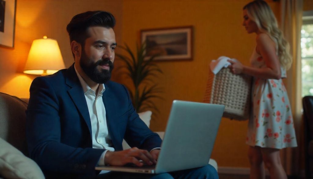 Man working remotely on laptop in living room while woman carries laundry in background.