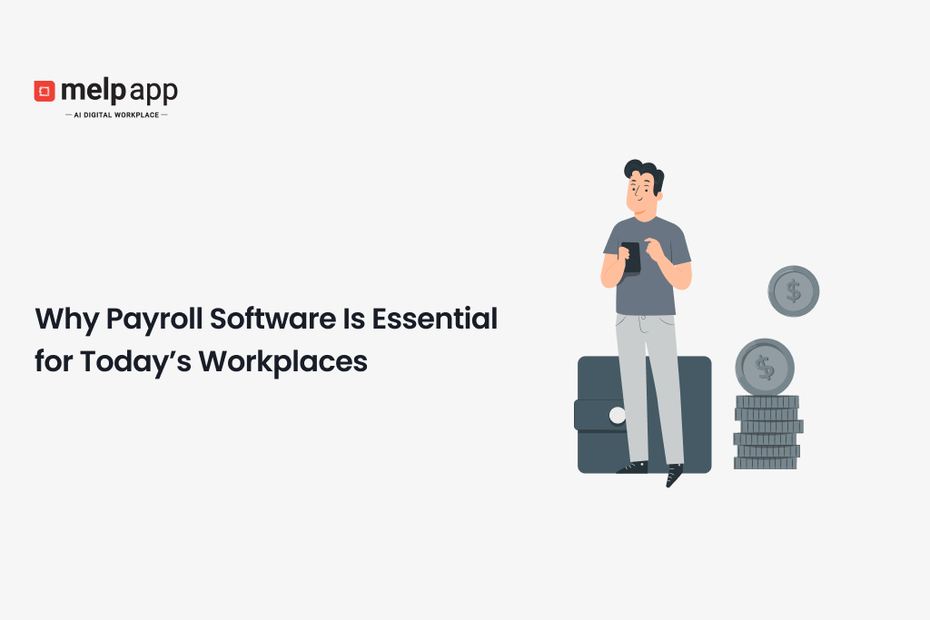 Employee managing payroll digitally with Melp workplace software for efficient salary processing