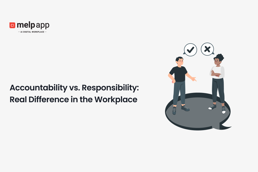 Two employees discussing accountability vs responsibility in the workplace using Melp digital workplace