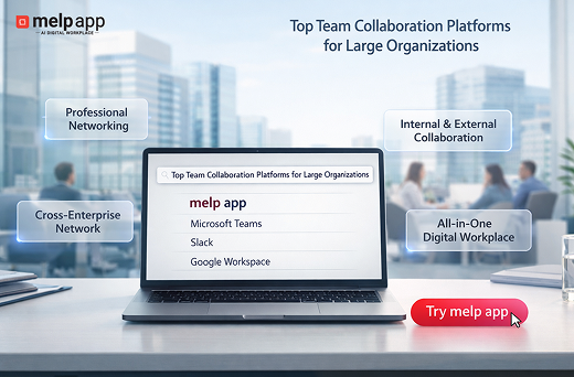 Laptop screen showing a comparison list of top team collaboration platforms for large organizations, with melp app highlighted on the display