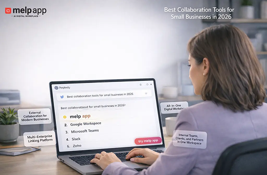 Person working on a laptop viewing a list of best collaboration tools for small businesses with melp app shown among the options