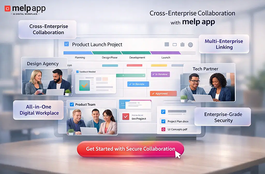 Cross enterprise collaboration dashboard showing multiple teams, partners, and agencies working together on shared project timelines inside melp app